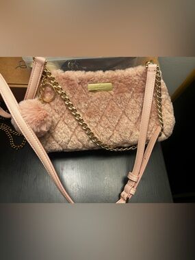 kate spade Pink Quilted Faux Fur Crossbody with Gold Chain